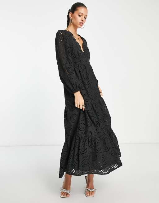 ASOS DESIGN broderie scallop detail button through maxi dress In black