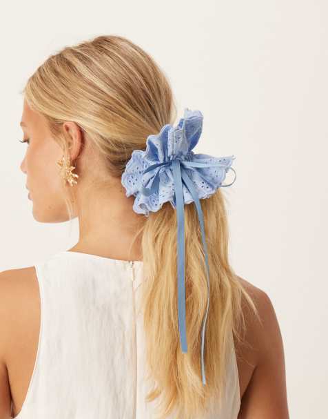 ASOS DESIGN broderie scrunchie with ribbon detail in baby blue - view 1