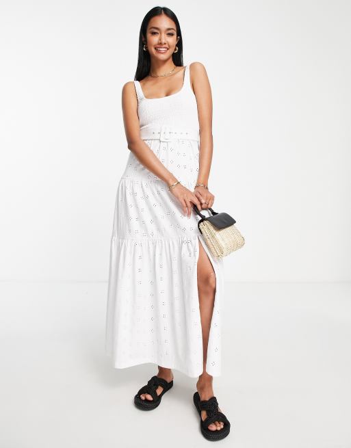 ASOS DESIGN broderie shirred detail maxi dress with belt in white