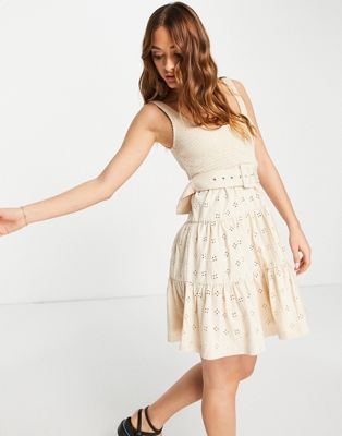 ASOS DESIGN broderie shirred detail mini with belt in stone