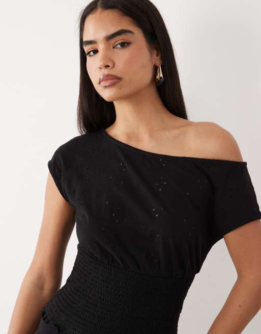ASOS DESIGN broderie shirred off shoulder top in black (part of a set), 3 of 4