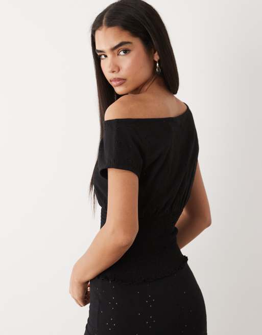 ASOS DESIGN broderie shirred off shoulder top in black (part of a set), 4 of 4