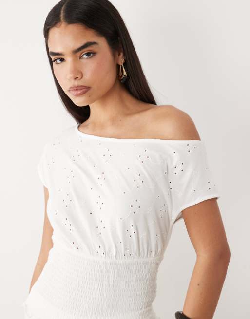 ASOS DESIGN broderie shirred off shoulder top in white - part of a set, 3 of 4