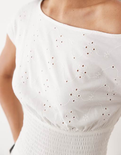 ASOS DESIGN broderie shirred off shoulder top in white - part of a set, 4 of 4