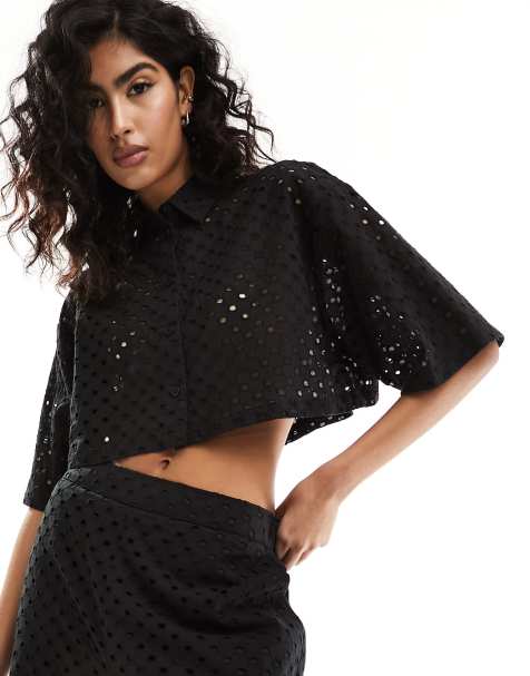 ASOS DESIGN broderie shirt in black (part of a set) - view 1