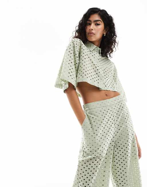 ASOS DESIGN broderie shirt in sage (part of a set)