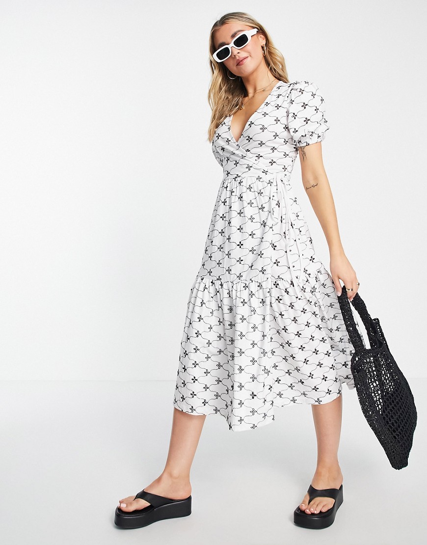 ASOS DESIGN broderie short sleeve tiered wrap midi dress in white and black contrast