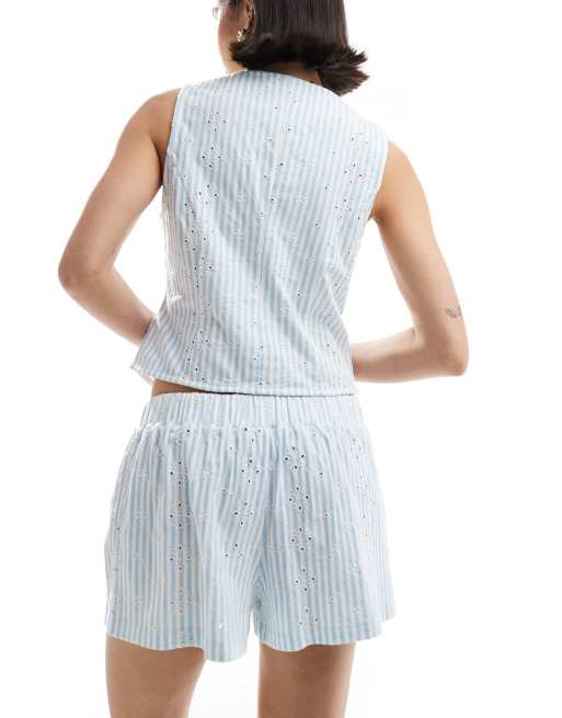 ASOS DESIGN broderie shorts in blue stripe