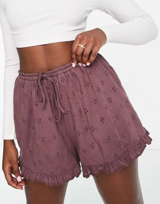 ASOS DESIGN broderie shorts with ruffle hem and tie waist in brown