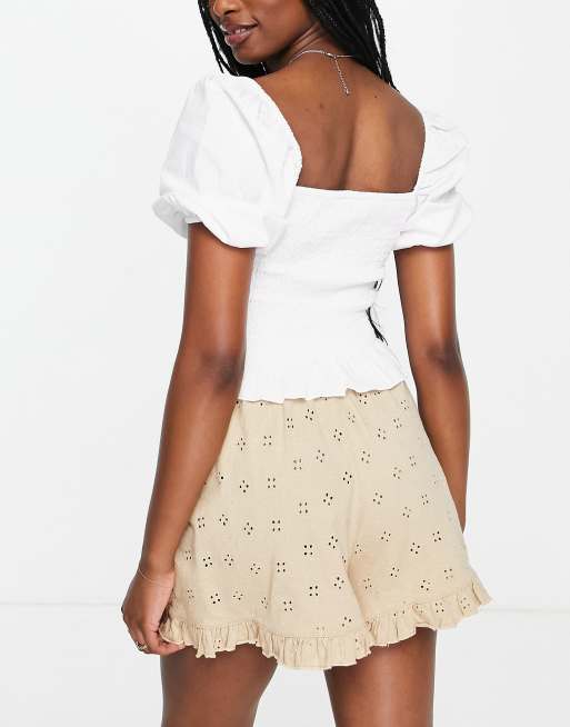ASOS DESIGN broderie shorts with ruffle hem and tie waist in neutral, 2 of 4