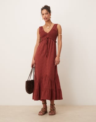 ASOS DESIGN broderie sleeveless plunge tiered maxi dress in red-No color