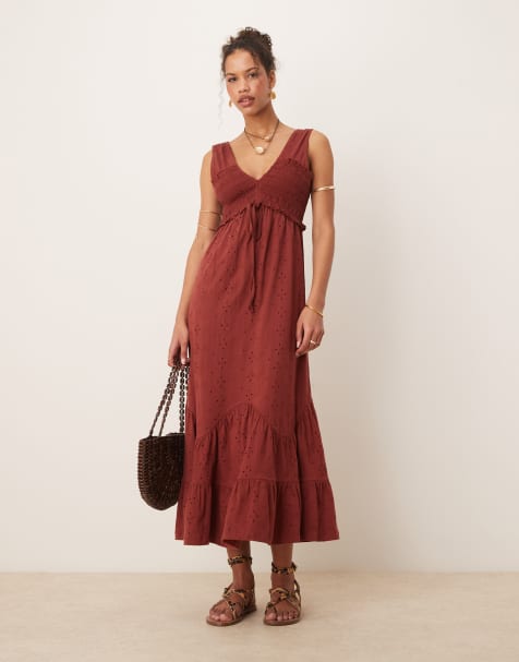 ASOS DESIGN broderie sleeveless plunge tiered maxi dress in red - view 1