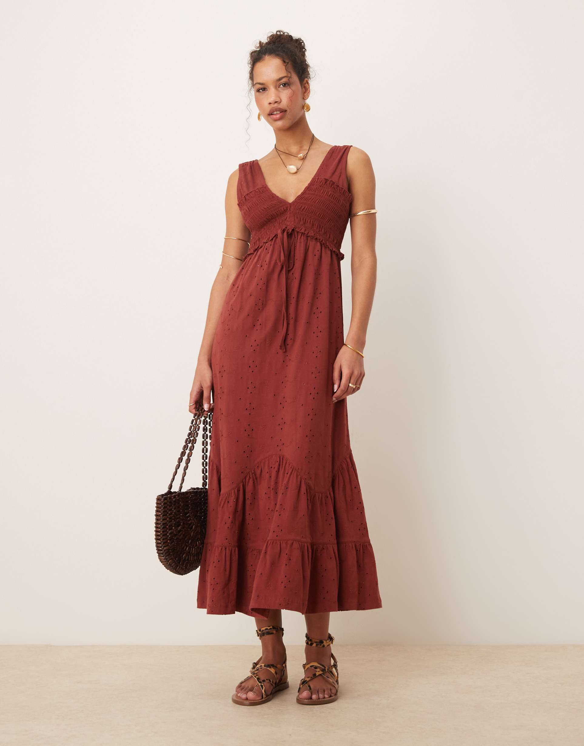 asos design broderie sleeveless plunge tiered maxi dress in red