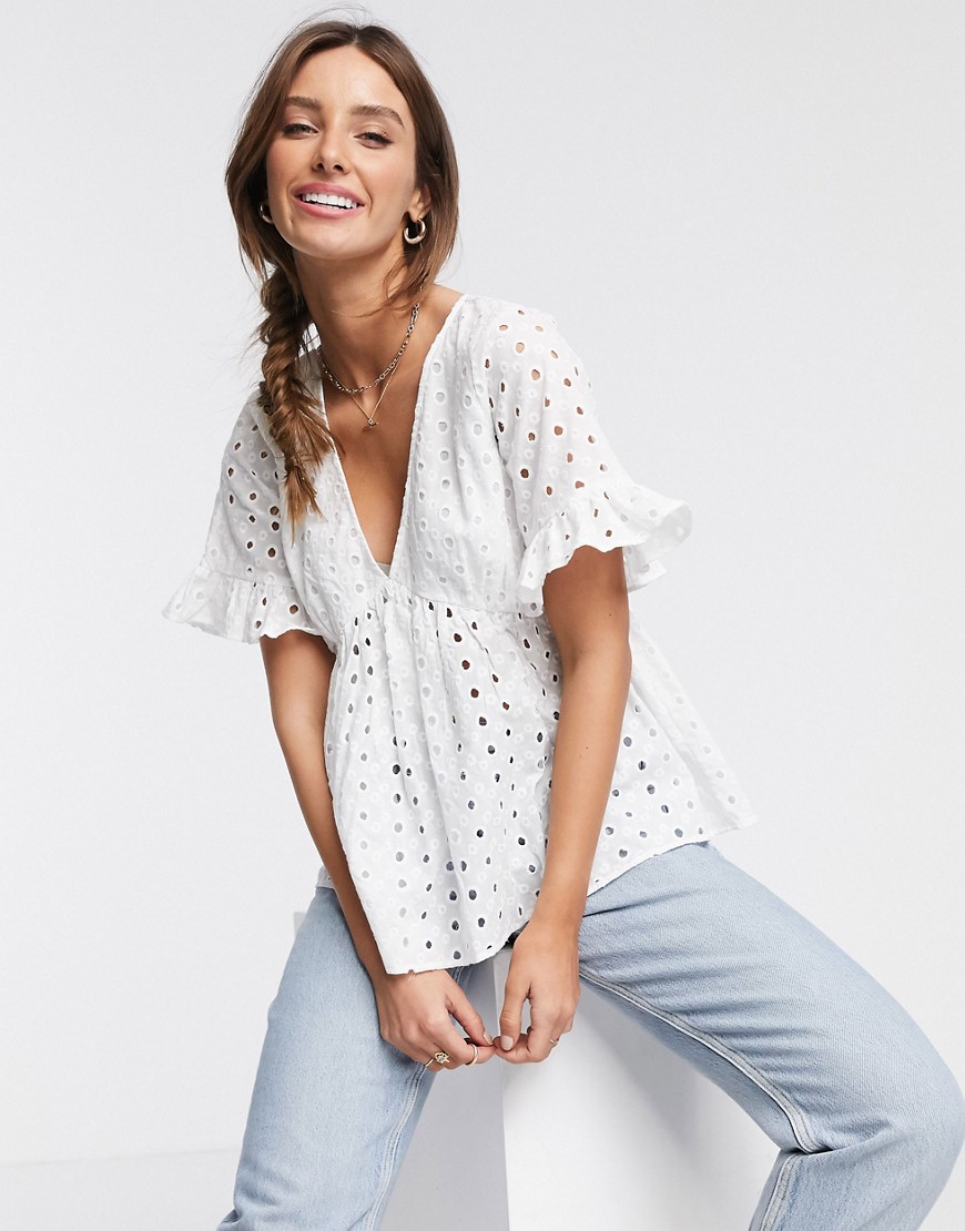 ASOS DESIGN broderie smock top with fluted sleeve in white-No Colour