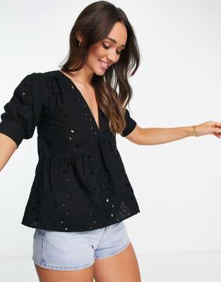 ASOS DESIGN broderie smock top with peplum hem & puff sleeve in black