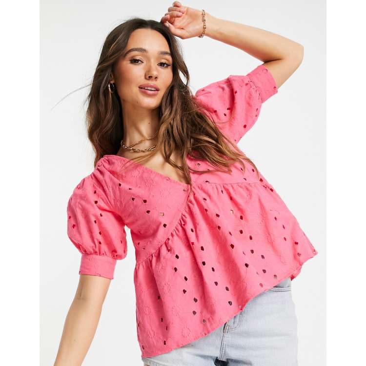 ASOS DESIGN broderie smock top with peplum hem u0026 puff sleeve in pink | ASOS
