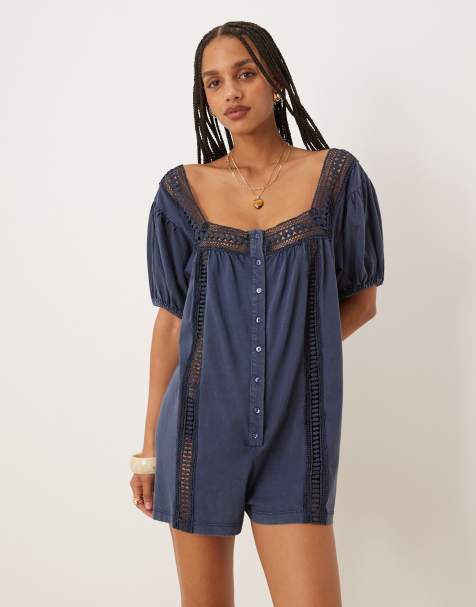 ASOS DESIGN broderie square neck button down puff sleeve playsuit in washed denim blue - view 1
