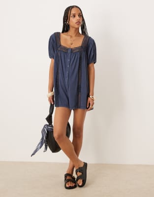 Asos Design Broderie Square Neck Button Down Puff Sleeve Romper In Blue
