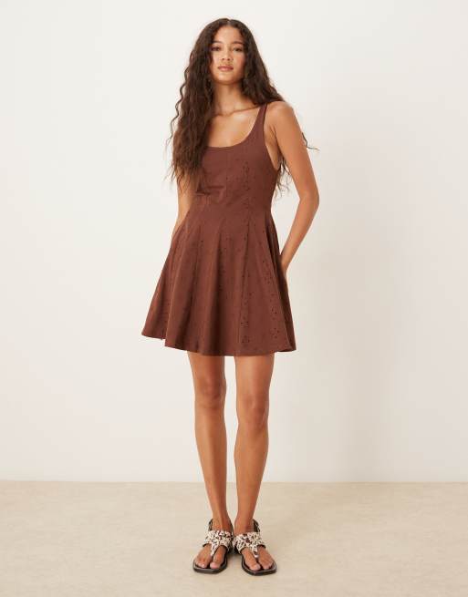 ASOS DESIGN broderie square neck godet mini dress in chocolate, 2 of 4