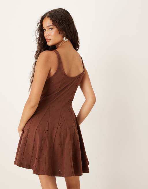 ASOS DESIGN broderie square neck godet mini dress in chocolate, 3 of 4