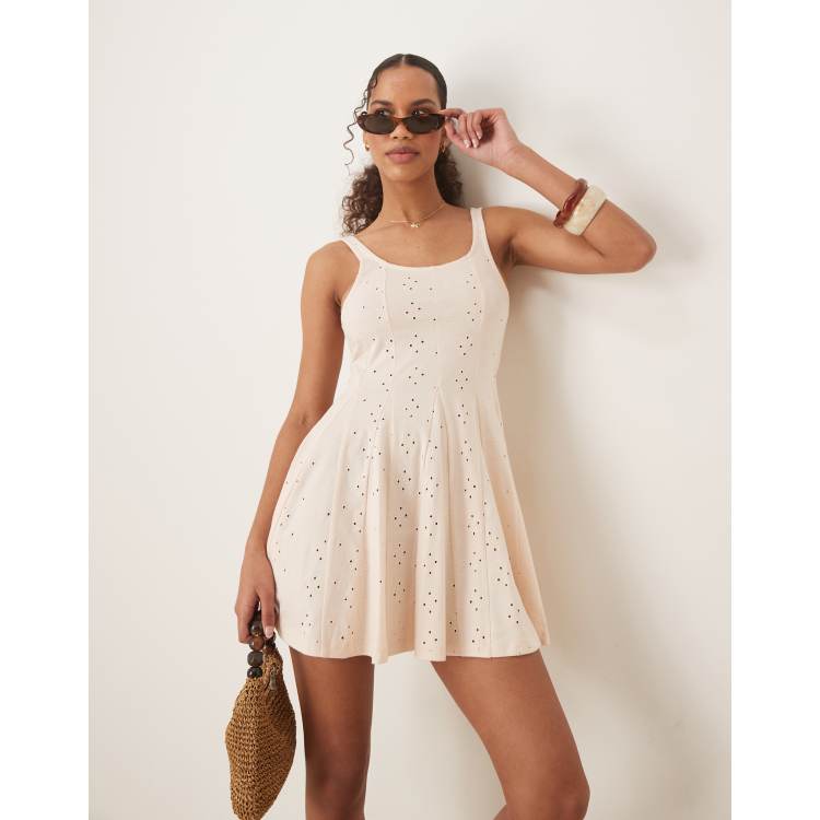 cream broderie dress self-portrait - Cream Broderie Collared Denim Mini Dress