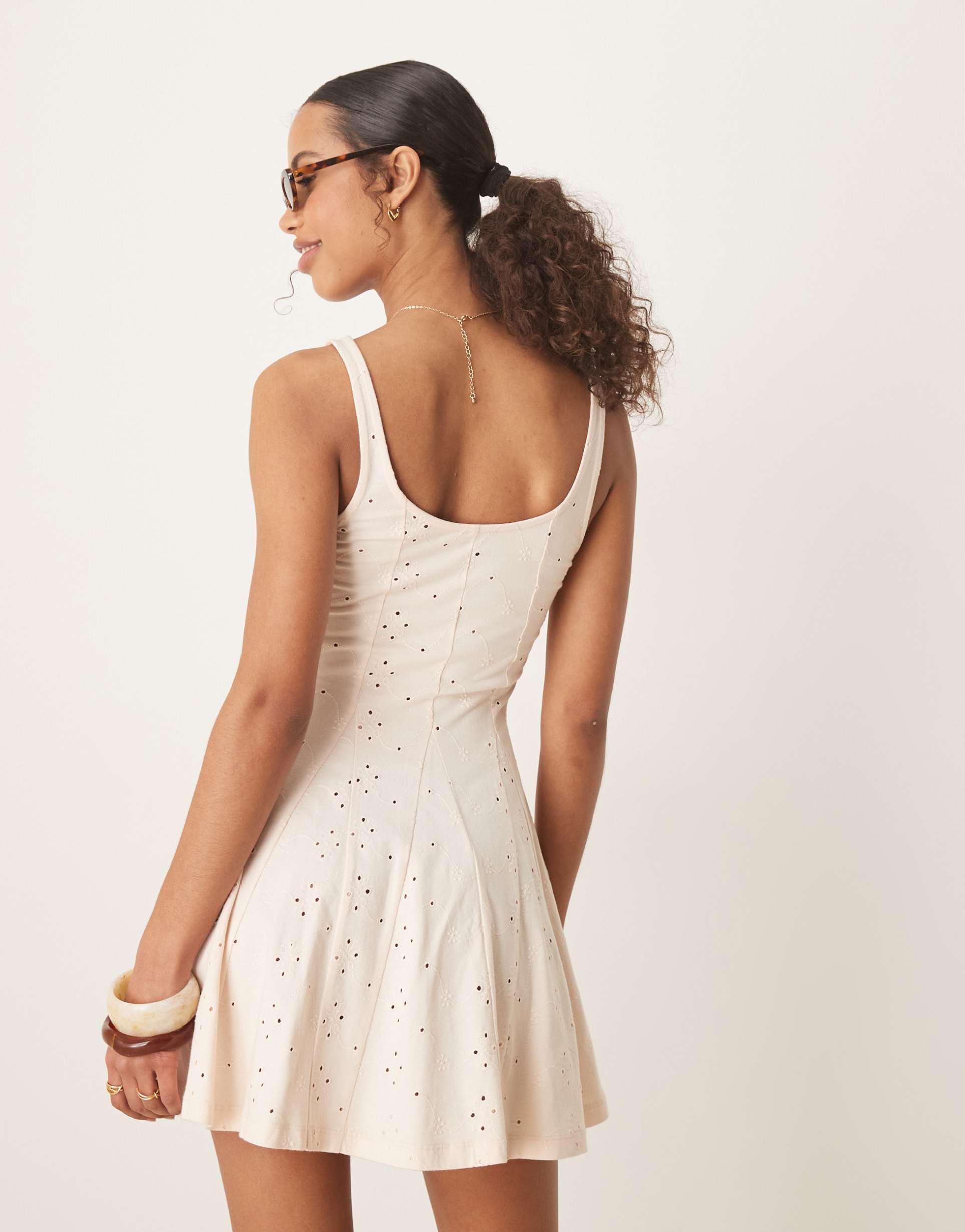 asos design broderie square neck godet mini dress in cream