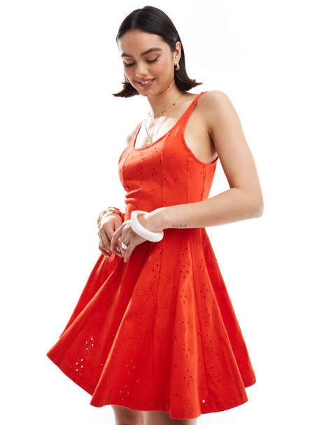 ASOS DESIGN broderie square neck godet mini dress in red - view 1