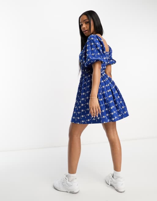 ASOS DESIGN broderie square neck mini dress with ruched waist in blue and white contrast