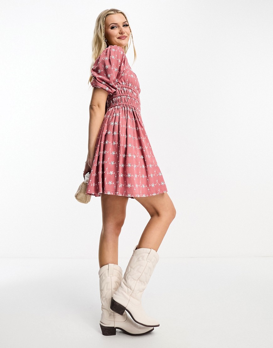 ASOS DESIGN broderie square neck mini dress with ruched waist in dusty rose & white-Pink