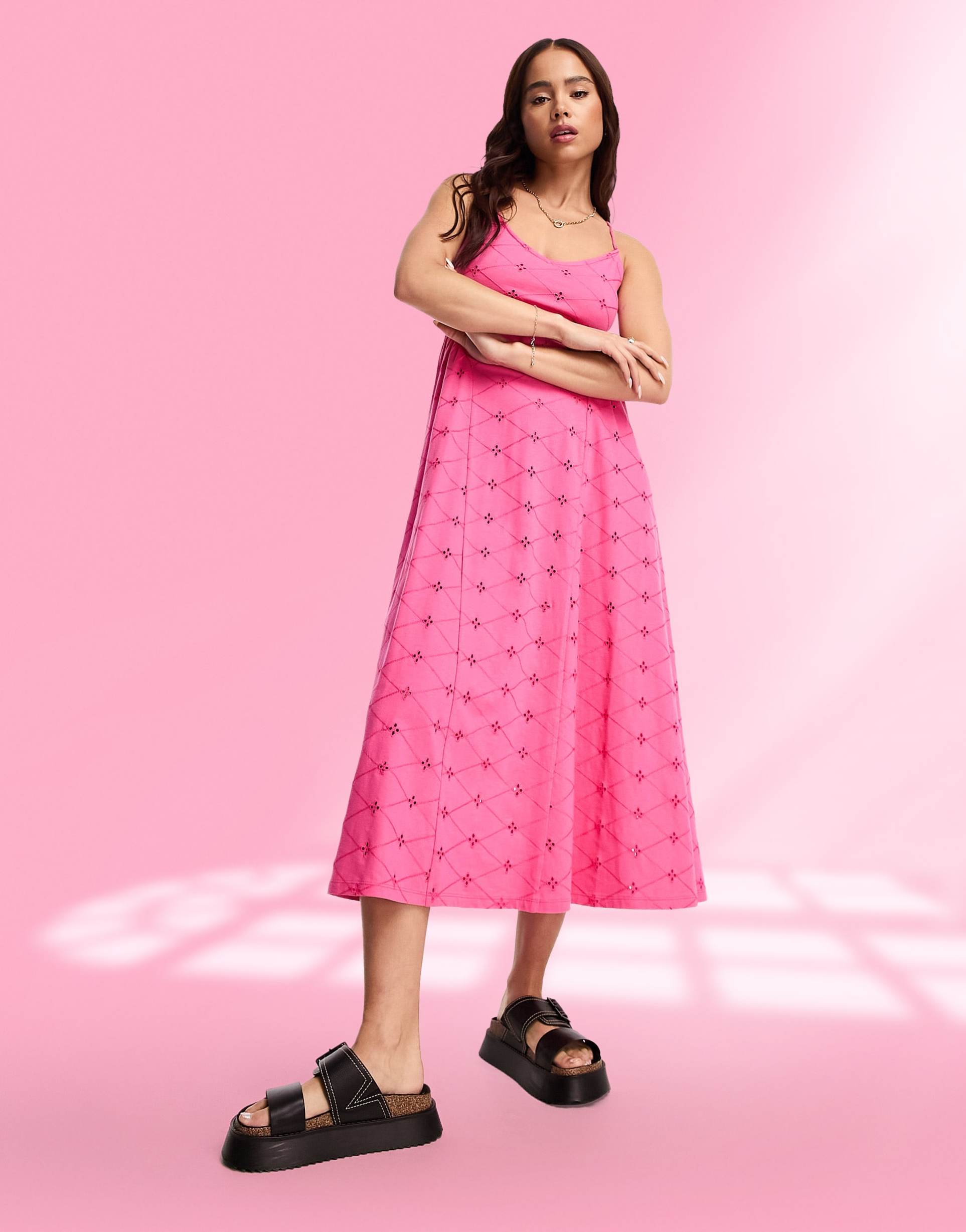 asos design broderie strappy back detail midi dress with seam detail in hot pink