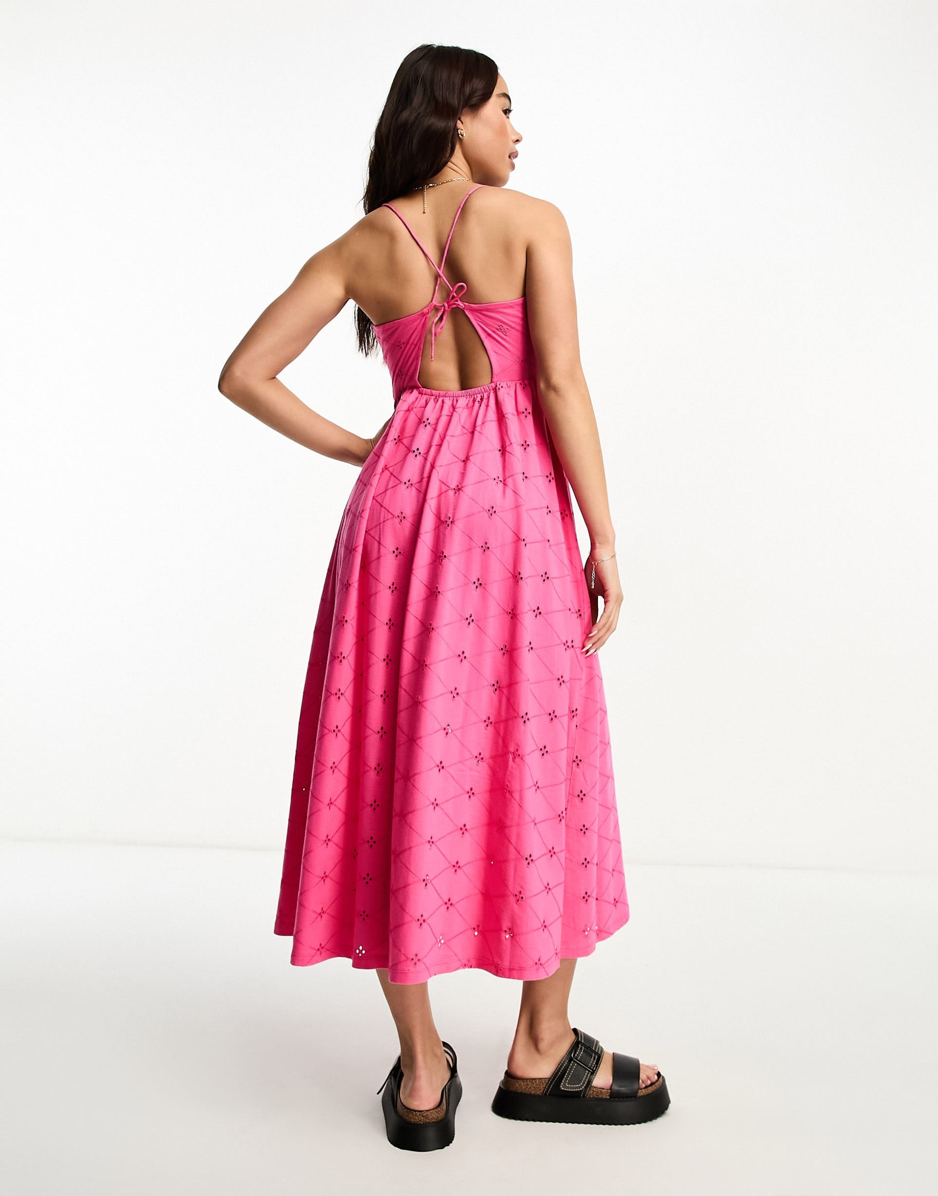 asos design broderie strappy back detail midi dress with seam detail in hot pink