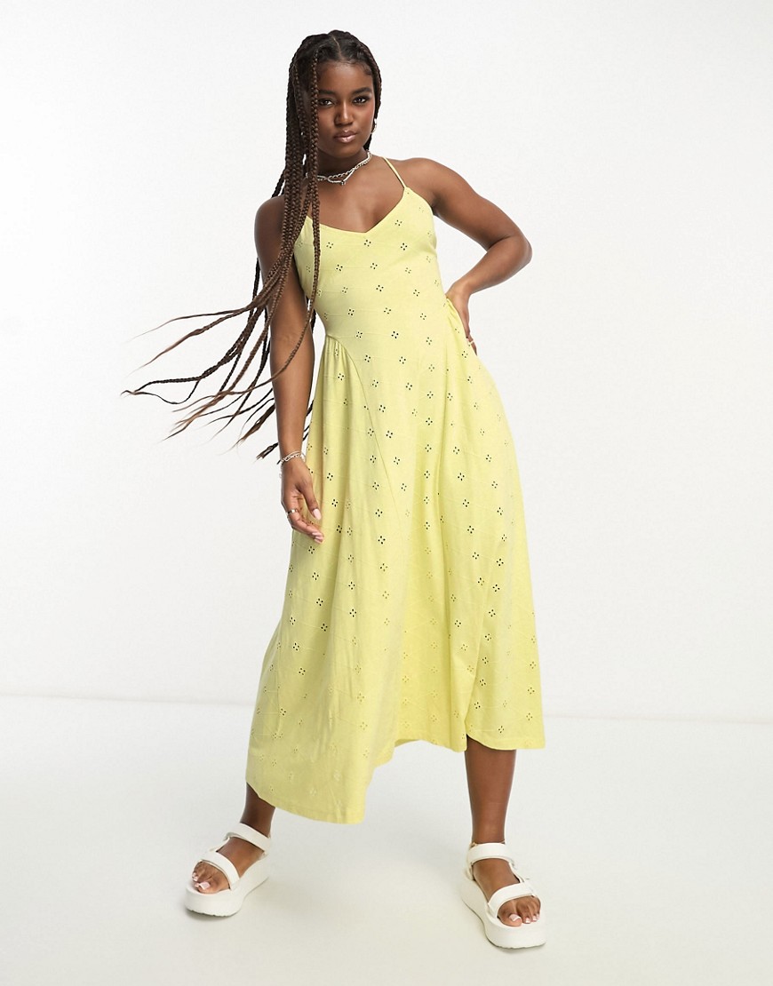 Asos Design Broderie Strappy Back Detail Midi Dress With Seam Detail In Lemon-yellow