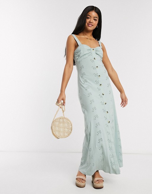 ASOS DESIGN broderie strappy button through maxi dress in mint