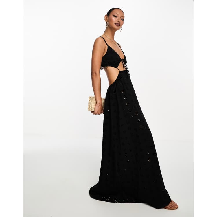 ASOS DESIGN broderie strappy cut out maxi dress in black