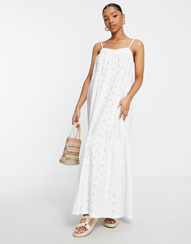 ASOS DESIGN broderie strappy maxi dress with buttons in white