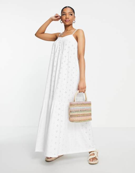 ASOS DESIGN broderie strappy maxi dress with buttons in white ASOS