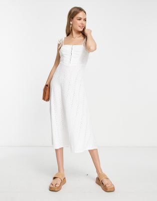 Asos Design Broderie Strappy Midi Tea Dress With Hook And Eye Detail In White