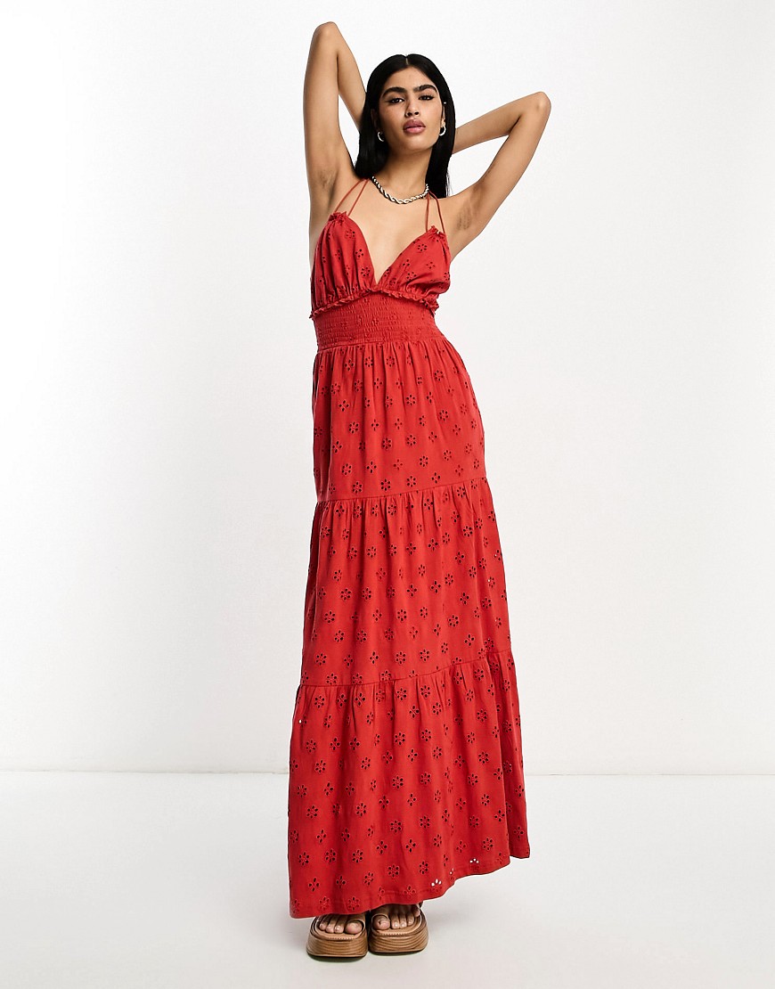 ASOS DESIGN broderie strappy shirred detail tiered maxi dress in chilli red