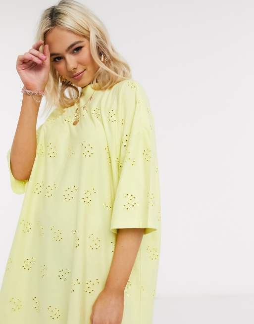 ASOS DESIGN broderie super oversized t shirt dress in lemon