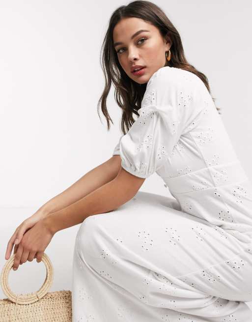 ASOS DESIGN broderie tea maxi dress with puff sleeve in white