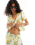 [ASOS DESIGN] ASOS DESIGN broderie tie front frill shirt in yellow lemon print (part of a set)-Multi L Yellow floral