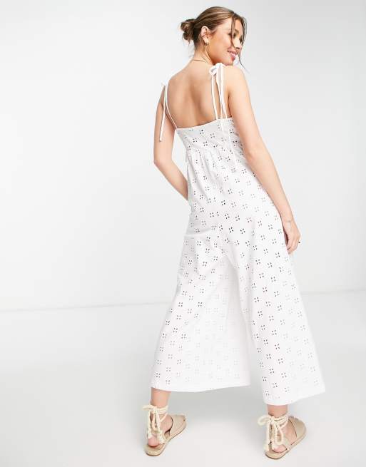 ASOS DESIGN broderie tie front jumpsuit in white