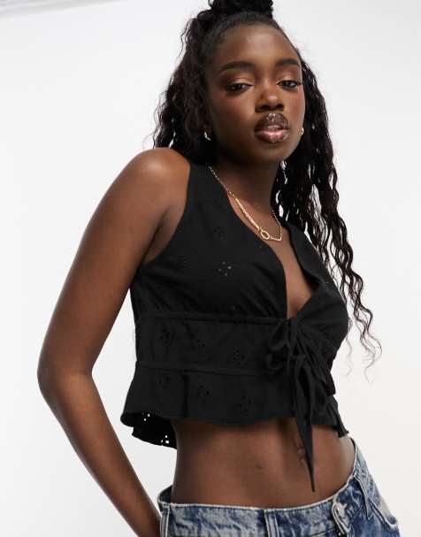ASOS DESIGN broderie tie front top in black - view 1