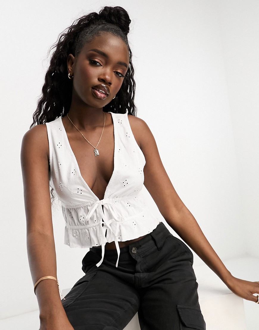 ASOS DESIGN broderie tie front top in white