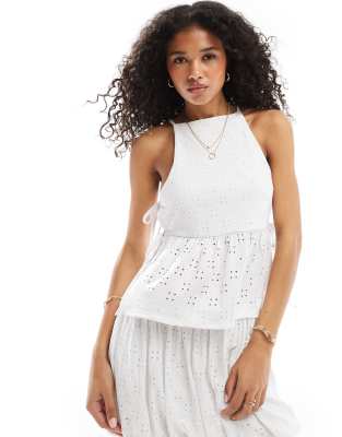 Asos Design Broderie Tie Side Peplum Top In White