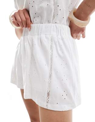 Asos Design Broderie Tie Waist Shorts With Lace Trim Inserts