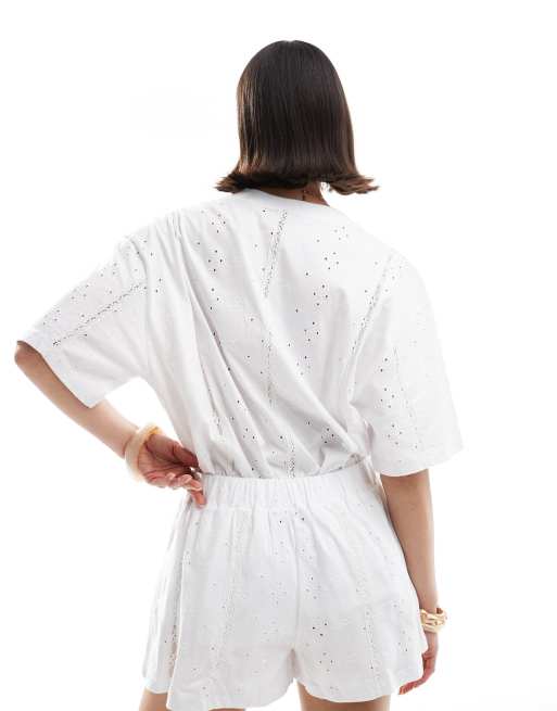 ASOS DESIGN broderie tie waist shorts with lace trim inserts in white, 3 of 5