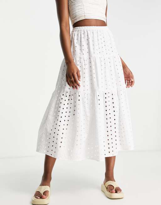 ASOS DESIGN broderie tiered midi skirt in white ASOS