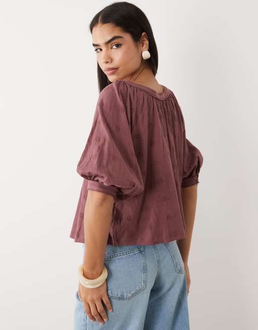 ASOS DESIGN - Broderie top met knoopsluiting en blousonmouwen in chocoladebruin, 3 van 4