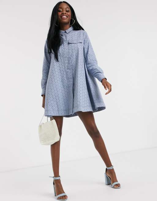 ASOS DESIGN broderie trapeze mini shirt dress in blue